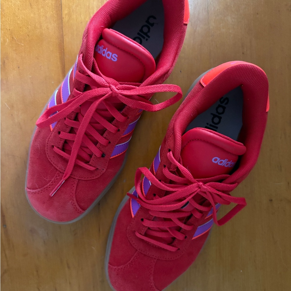 adidas Red Sneakers with Purple Stripes and Tan Platform - Picture 2 of 3